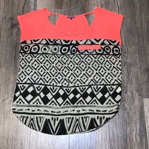 Neon Coral, Beige, and Black Aztec Print Top Sz XS